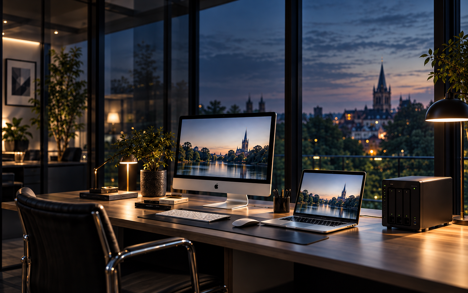 Apple-Arbeitsplatz mit Mac, MacBook und kompaktem NAS in einem warm beleuchteten Büro