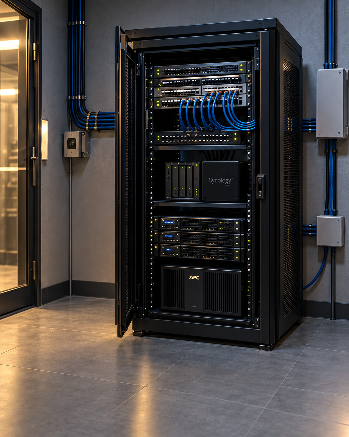 Ordentlich eingerichteter Serverbereich mit Netzwerkkomponenten und NAS